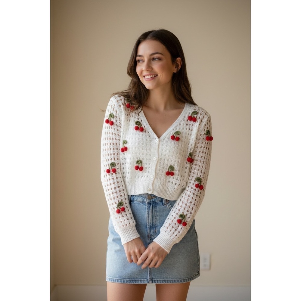 Coquette Cherry Cardigan Crochet Open Knit Cropped M White Y2K Kawaii Indie